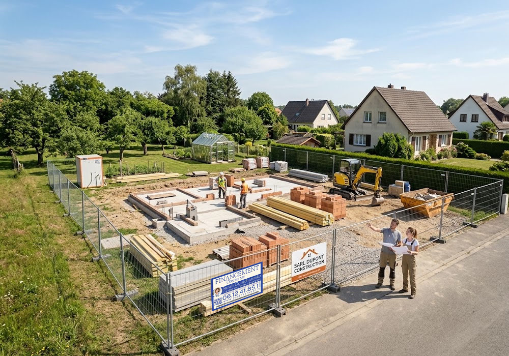 Jeune couple devant le terrain où sera construite leur future maison