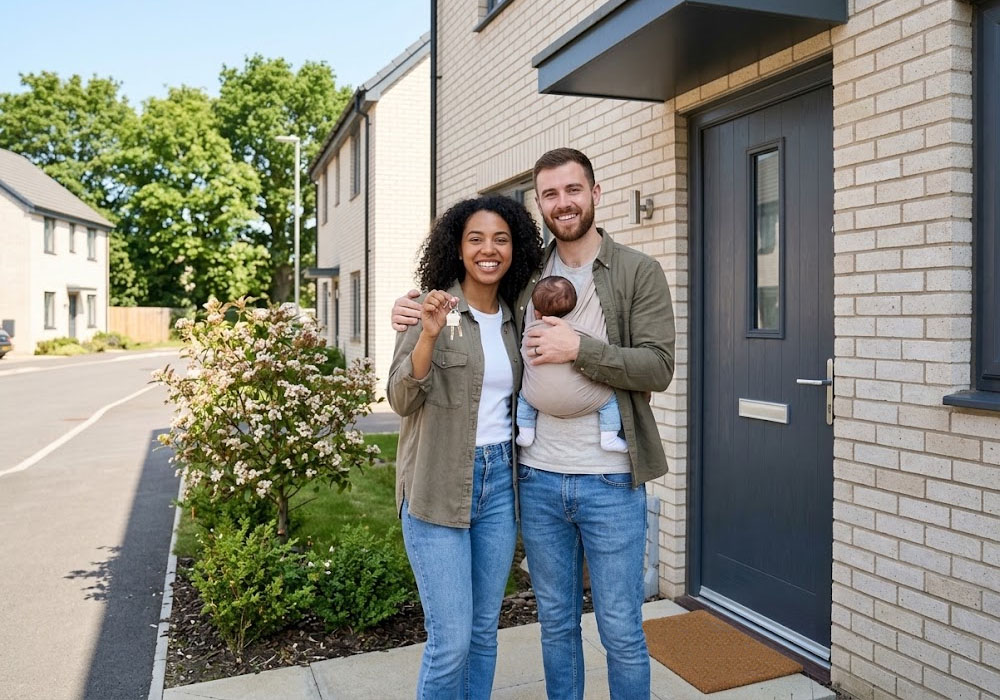 Un couple heureux devant sa nouvelle maison après un premier achat immobilier